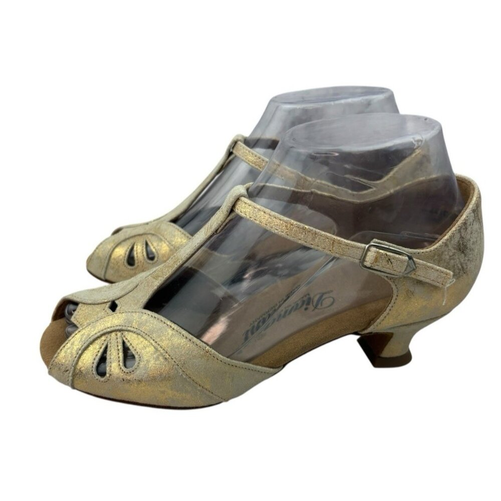 Diamant T-Strap Dance Shoes Girls Youth 3.5 Gold Metallic Leather Tango Salsa
